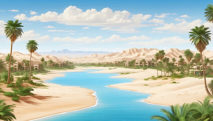 A serene desert oasis scene ,features a small cluster of lush green palm trees and vegetation situated on a sandy island surrounded by calm, reflective water