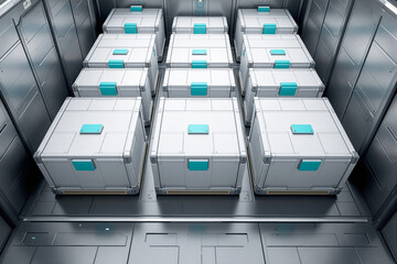 High-tech storage boxes in metallic sci-fi room, minimalistic style with teal accents on silver background, concept of futuristic industry. Ai generative