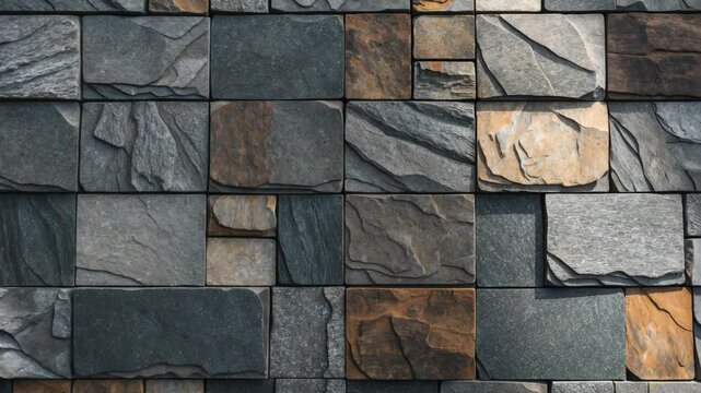 Gray and brown stone paver tiles in various shapes for outdoor flooring. Texture and background.