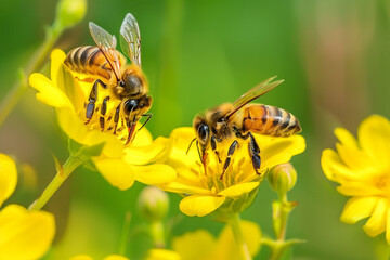 Macro Shot of a Honeybee Pollinating a Bright Yellow Flower