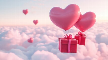 A Box flying on a parachute with pink cloud in valentine day,package flying down from sky and cloud with parachute, concept for delivery service,shopping online,air delivery service.