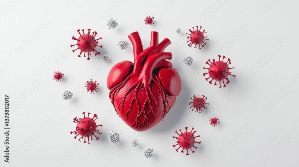 Poster pm 2.5 particles impact concept. heart model surrounded by virus representations on a light backgrou