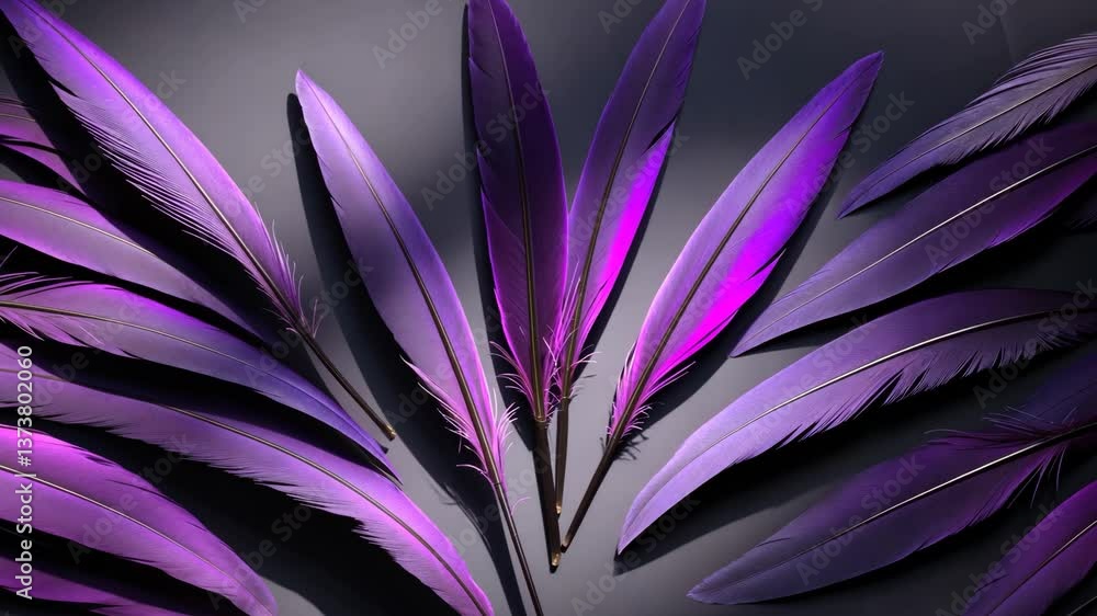 Poster exotic texture of feathers backdrop, detailed view of bird wing. dark violet feathers for design and