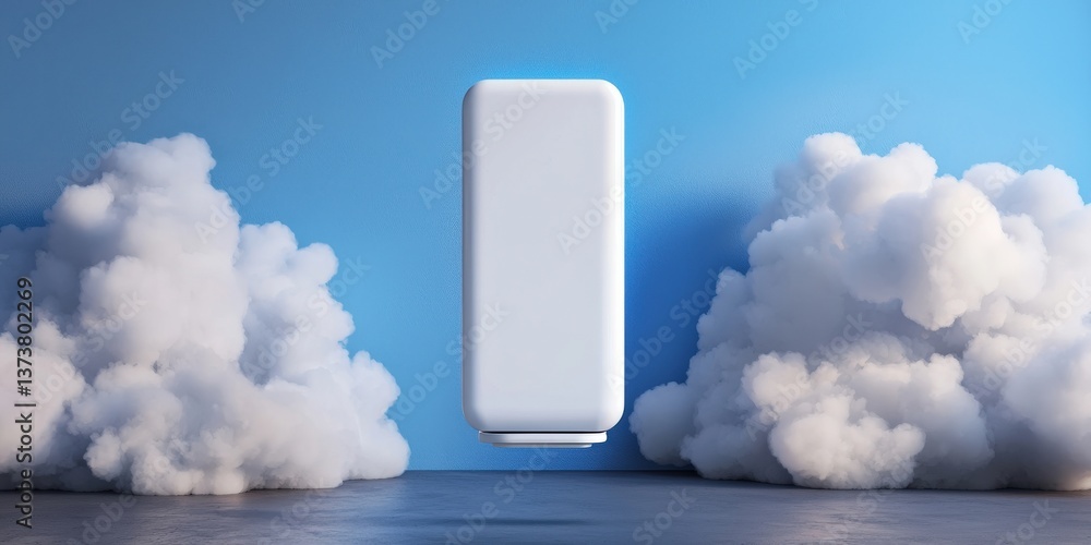 Poster pm 2.5 particles impact concept. futuristic object surrounded by clouds against a blue background.