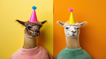 Two alpacas in crazy party outfits with party hats on colorful background, advertising, creative party animal concept, birthday party invitation card