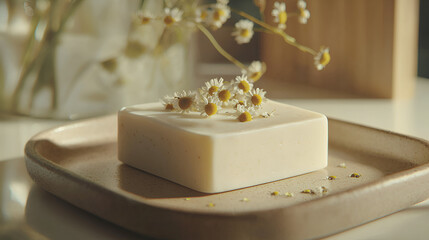 Handcrafted soap bar adorned with delicate daisies, resting on an artisan tray, bathed in soft sunlight.
