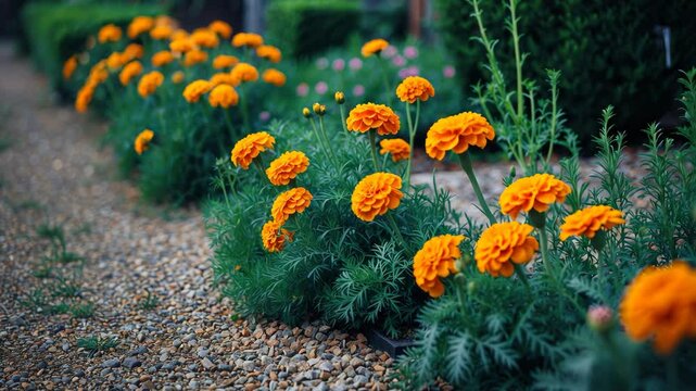 Marigolds in a flower bed. Enhancing the urban environment. Background with selective focus and space for text.