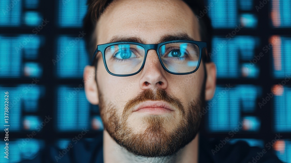 Aufkleber focused man analyzing data on screen, emphasizing strategic insights with a modern touch in a contem