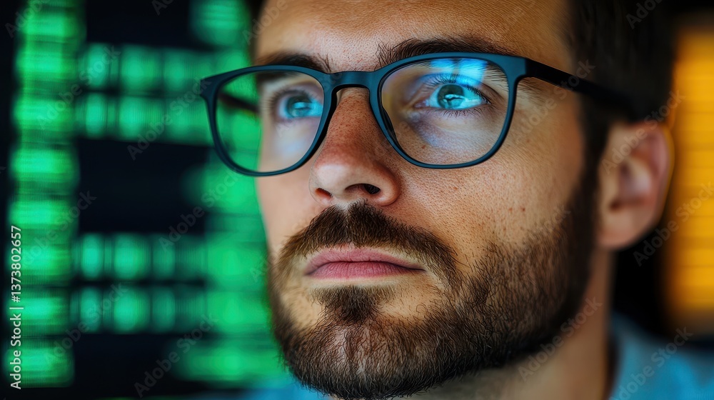 Poster focused analyst analyzing data metrics for optimal betting strategies in a modern office environment