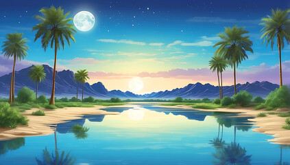 A serene desert oasis scene ,features a small cluster of lush green palm trees and vegetation situated on a sandy island surrounded by calm, reflective water