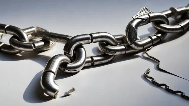 Damaged metal chain on a white backdrop.