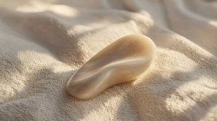 Obraz premium Smooth Stone on Soft Towel: A moment of serene relaxation and simple beauty in natural light.
