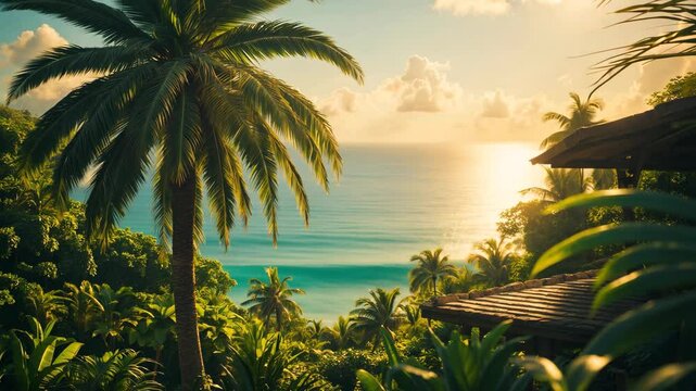 A lush tropical landscape showcasing a tall, vibrant palm tree amidst thick greenery, with an indication of a roof and the glistening ocean in the backdrop.