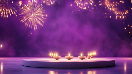 Banner design for diwali festival and podium,Diwali light decoration candle with fireworks,Stage,Product display Showcase design sparkle background,Deepavali,Dipavali,3D podium illustration.