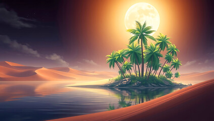 A serene desert oasis scene ,features a small cluster of lush green palm trees and vegetation situated on a sandy island surrounded by calm, reflective water