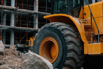 A close-up of a heavy construction vehicle tire on a job site, with a partially constructed building in the background, showcasing industrial activity.