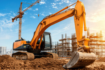 Obraz premium A powerful excavator working on a construction site, surrounded by cranes and building structures under a clear blue sky.