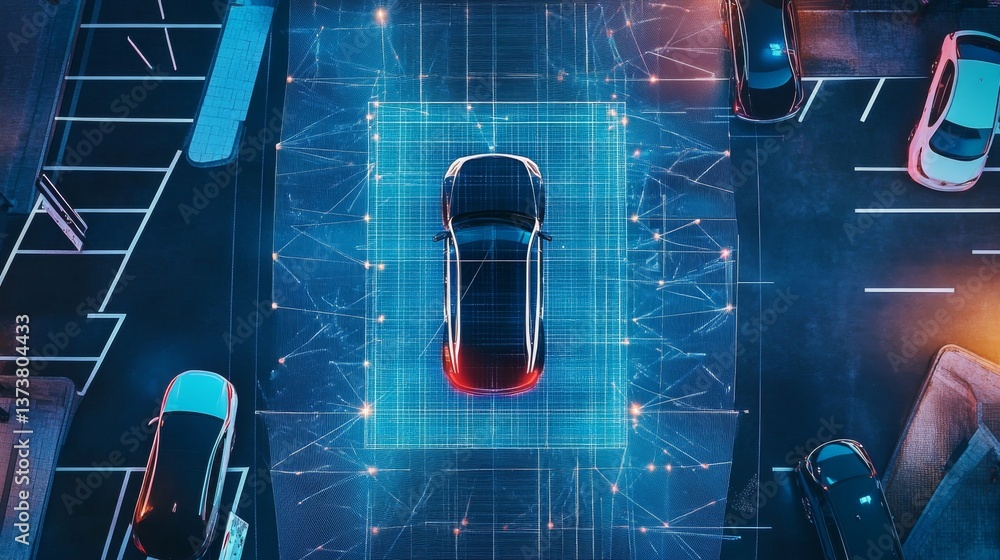 Poster a high-tech digital rendering of an overhead view showcasing an autonomous car surrounded by illumin