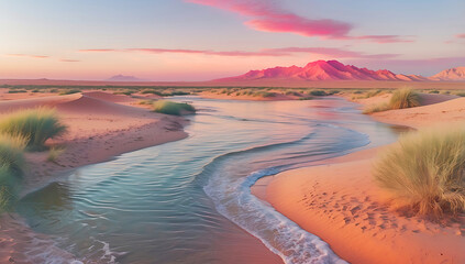 A serene desert oasis scene ,features a small cluster of lush green palm trees and vegetation situated on a sandy island surrounded by calm, reflective water