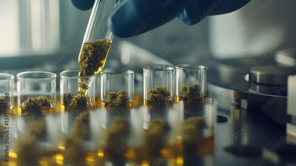 Poster a close-up view of cannabis extraction, with a laboratory setting displaying vials of cannabis flowe