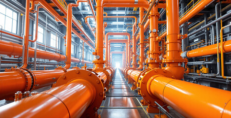 Massive orange industrial pipes and valves in a modern technology facility, high detail style, interior factory background, concept of future industry. Ai generative