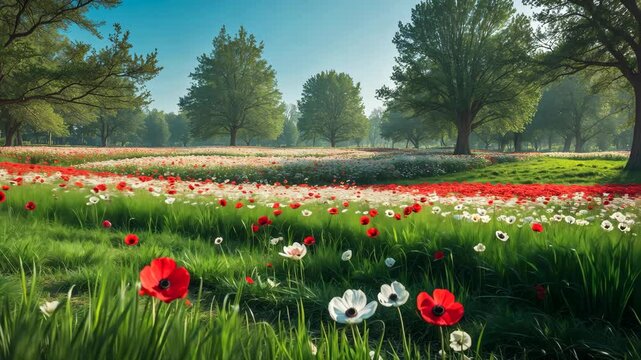 Lush green grass and blooming anemones. Spring celebration in a kibbutz prior to the violent attack.