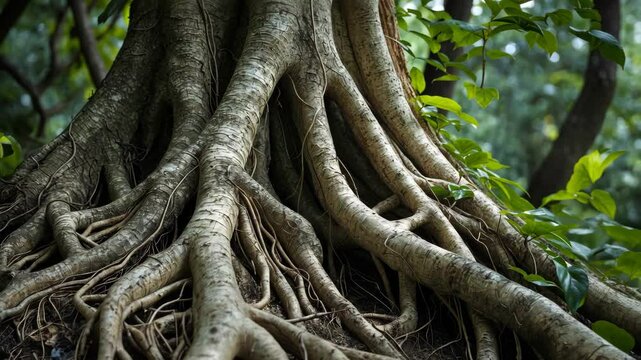 Ficus watkinsiana, often referred to as wraps its roots around a host tree in a parasitic manner, and also transforms into jungle vines.