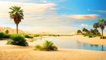 A serene desert oasis scene ,features a small cluster of lush green palm trees and vegetation situated on a sandy island surrounded by calm, reflective water