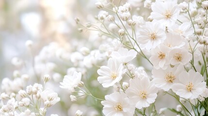 Fototapeta premium Delicate White Flowers Blooming in Soft Natural Background Light