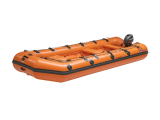 A bright orange lifeboat with safety equipment, isolated on a white background. transparent PNG