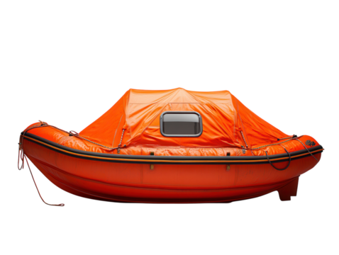 A bright orange lifeboat with safety equipment, isolated on a white background. transparent PNG