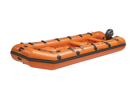 A bright orange lifeboat with safety equipment, isolated on a white background. transparent PNG - Powered by Adobe