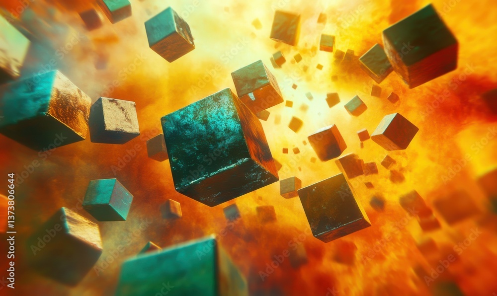 Poster a dynamic and colorful scene with floating blocks of various sizes, creating a sense of motion and e