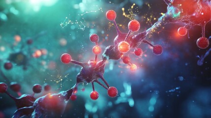 Obraz premium A futuristic scene illustrating molecular bonds glowing in a dark, vibrant space, representing the forefront of biotechnology, digital science, and molecular research. Great for advanced science and