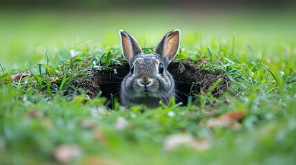 Gray Rabbit Peeking from Burrow &ndash; Easter Celebration in Lush Meadow with Pastel Eggs and Spring Blossoms