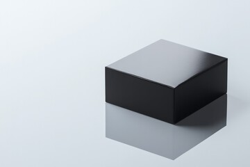 Fototapeta premium Sleek black cube reflects light on smooth surface, showcasing mi