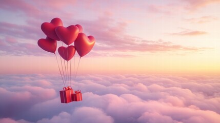 Fototapeta premium A Box flying on a parachute with pink cloud in valentine day,package flying down from sky and cloud with parachute, concept for delivery service,shopping online,air delivery service.