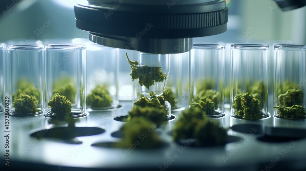 Poster advanced research in a laboratory focusing on the precise sorting of cannabis flowers into glass via