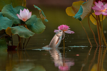 Carp playing among the lotus leaves