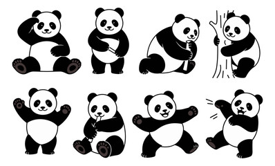 A set of cute panda bears in various poses, including one holding a bamboo stick. Scene is lighthearted and playful, with the bears appearing to be having fun and enjoying themselves