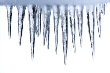 row of glistening icicles hanging downwards isolated on white background