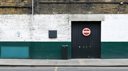 Modern brick wall painted in white and green with a no parking sign