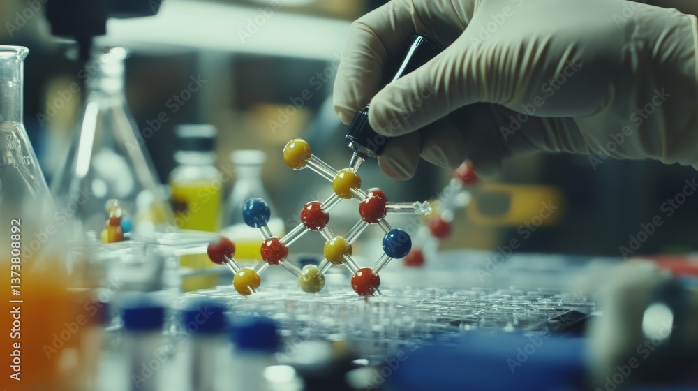 Aufkleber a close-up of a gloved hand handling a molecular model in a laboratory, symbolizing scientific explo