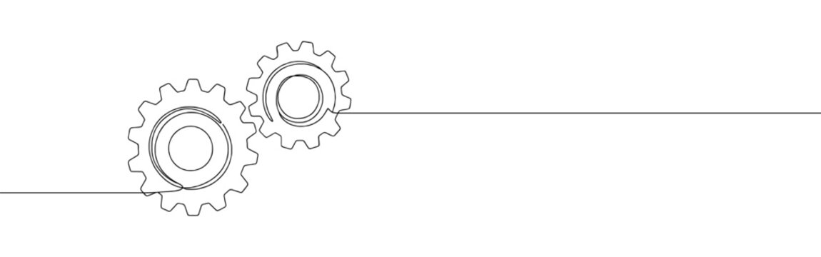Gears continuous one line drawing. Cogwheel, setting, progress or construction concept. Vector illustration.