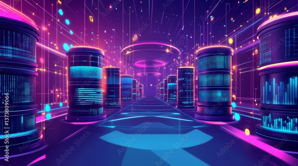 Poster a brightly lit futuristic data center with glowing neon lights illuminating rows of servers. the vib