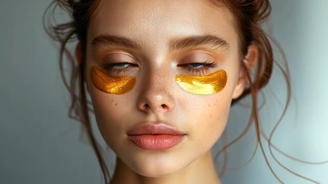 A beautiful woman with blue eyes is wearing gold eye patches, focusing on skincare.
Concept of: Radiant self-care.