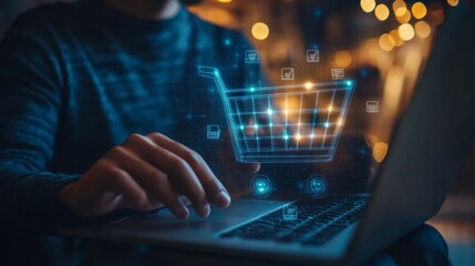 Fototapeta na wymiar A digital art depiction with a neon-glowing shopping cart icon hovering above a keyboard, representing digital shopping, online retail, and user interaction concepts.. AI Generation