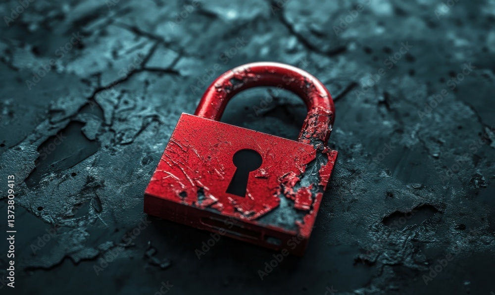 Poster broken red padlock symbolizing security breach and vulnerability on dark surface