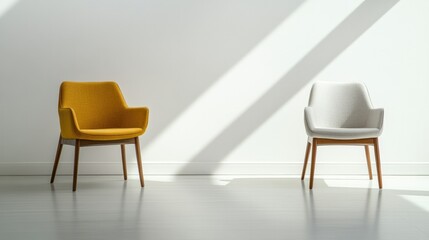 Minimalistic scene featuring yellow and white chairs casting sha