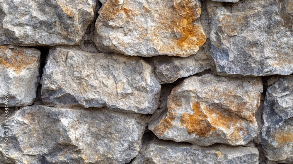Poster a close-up view of a wall built with large, roughly shaped gray stones, showing natural color variat